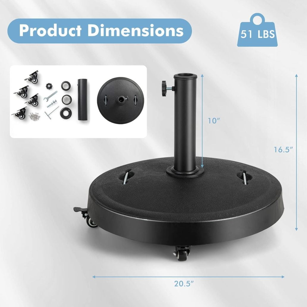 WJSP 51 lbs Patio Umbrella Base with Wheels, 20.5 Inches Heavy Duty Round Outdoor Umbrella Stand for 10 ft Table Market Offset Umbrella, Fit Umbrella Pole 1.5-1.9 inches, Weighted Umbrella Base