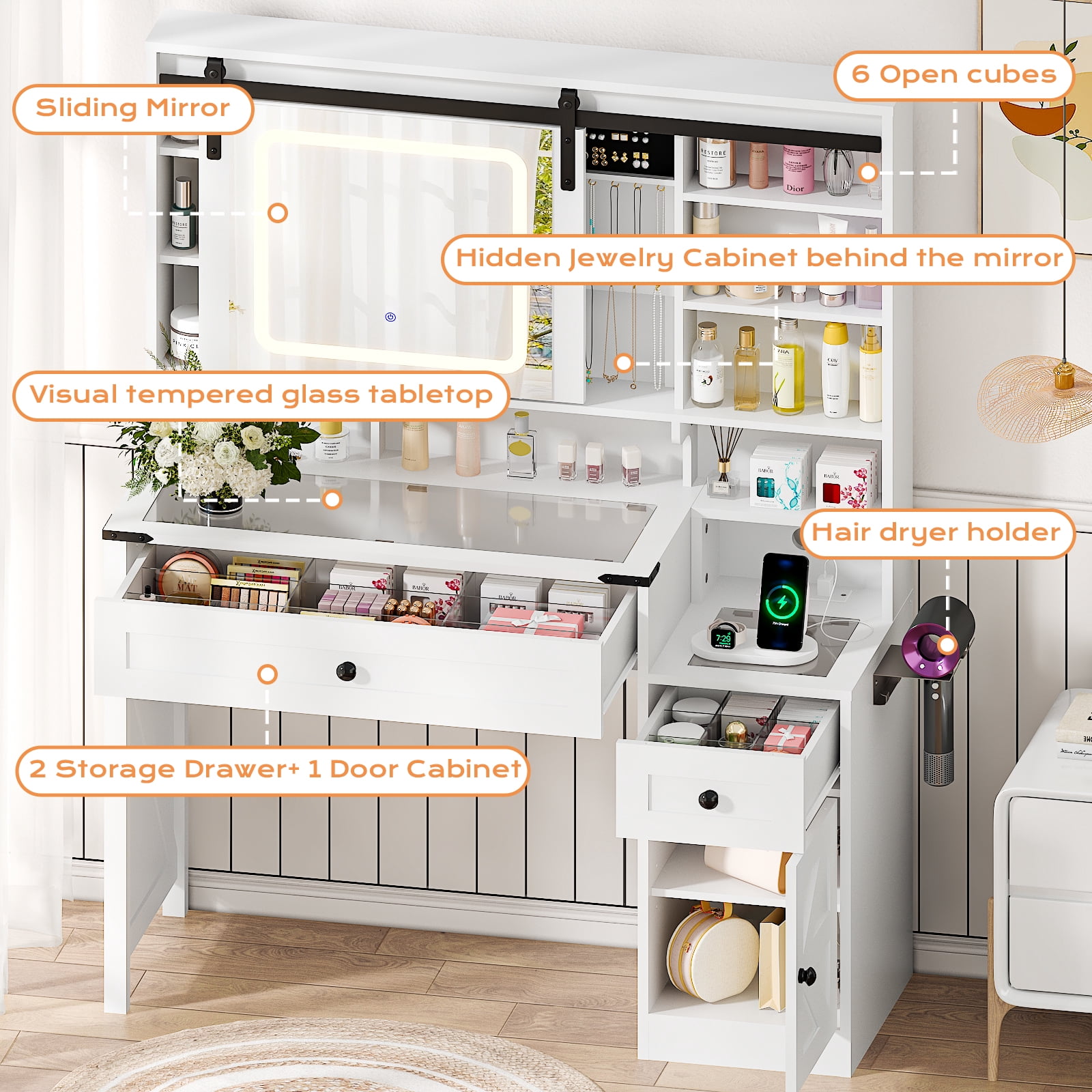 Ktaxon Farmhouse Makeup Vanity with Sliding Barn Door,  Vanity Table Set w/ Lighted Mirror, White