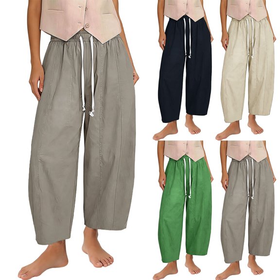Cropped Linen Barrel Pants for Women Drawstring Wide Leg Cotton Capris 2026 Casual Summer Boho Baggy Palazzo Trouser Green M