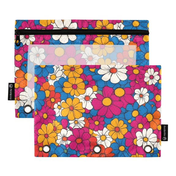 FORMRS 2 Pack Pencil Pouch for 3 Ring Binder with Clear Window Zipper Case, Red Whimsical Floral