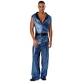 thumbnail image 3 of TiaoBug Men's Retro 70s Outfit Disco Dance Jumpsuit Sleeveless Shiny Metallic V-Neck Bodysuit Clubwear Blue L, 3 of 7