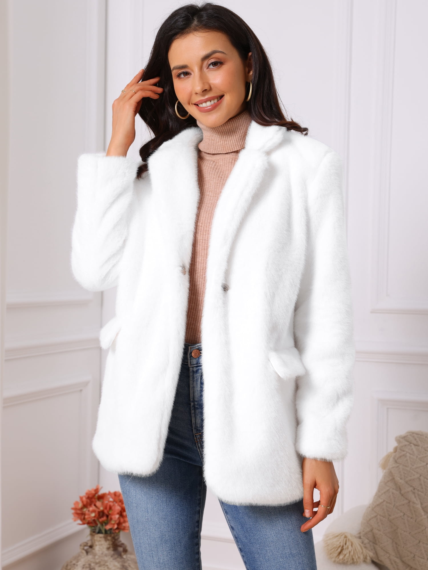 DARING DIVA Women's Faux Fur Coat Open Front Notch Lapel Jacket L White