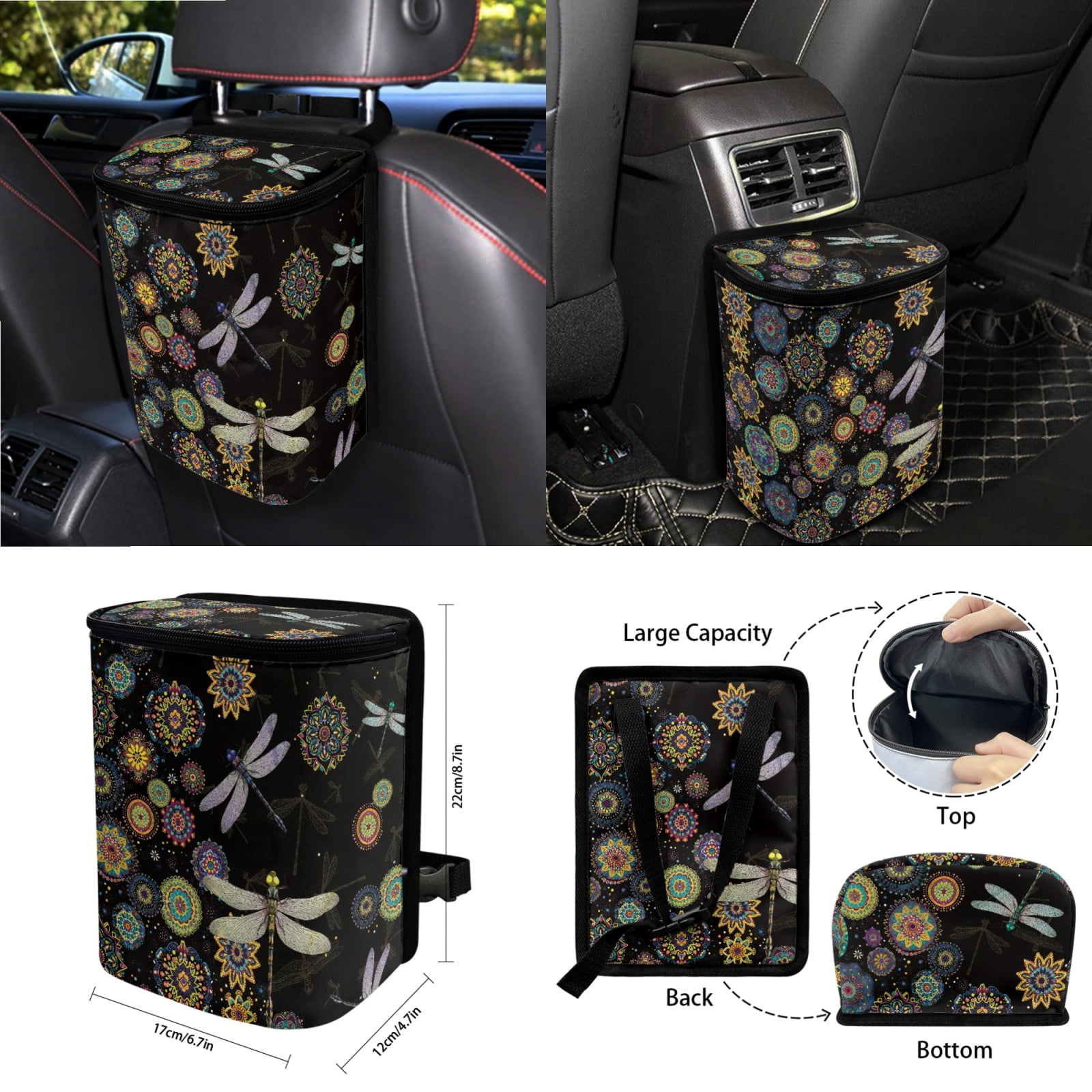 Garronmavis Hippie Flower Dragonfly Car Accessories Sets Auto Interior Decor Car Seat Covers Steering Wheel Cover Key Chain Lanyard Car Trash Can Car Dash Accessories Rearview Mirror Cover Cup Mats