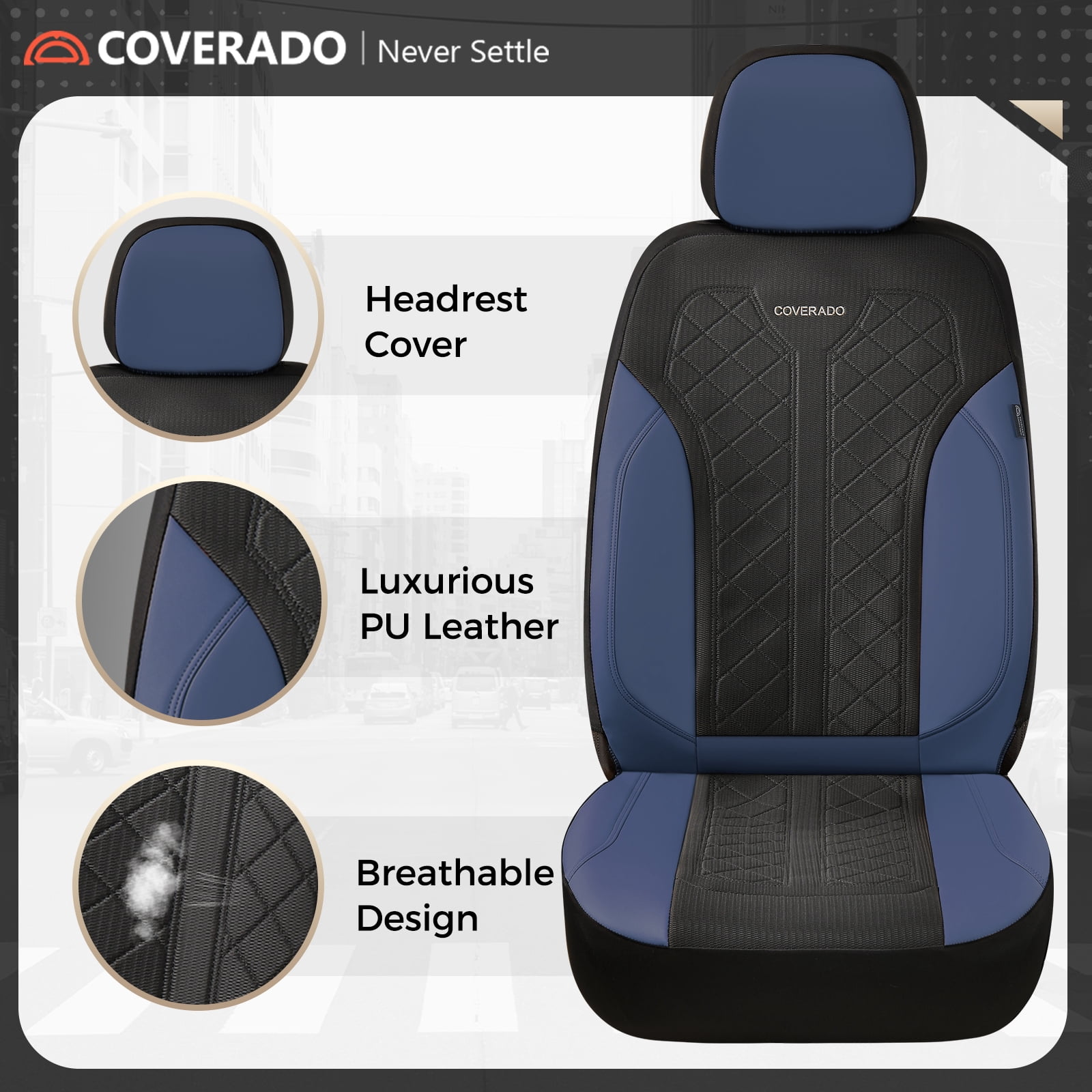 Coverado Front Car Seat Covers, 2 Seats Luxury Faux Leather Seat Protectors, Universal Fit for Most Cars, Black&Blue