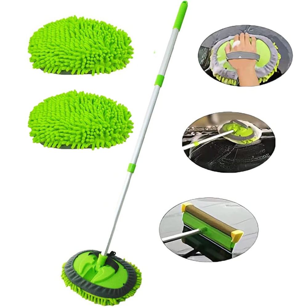 Mercita 45 inch Microfiber Car Wash Brush Sponge Mop Kit with Long Handle, Vehicle Cleaning Supplies Car Cleaning Accessories, 2 Chenille Replacement Heads