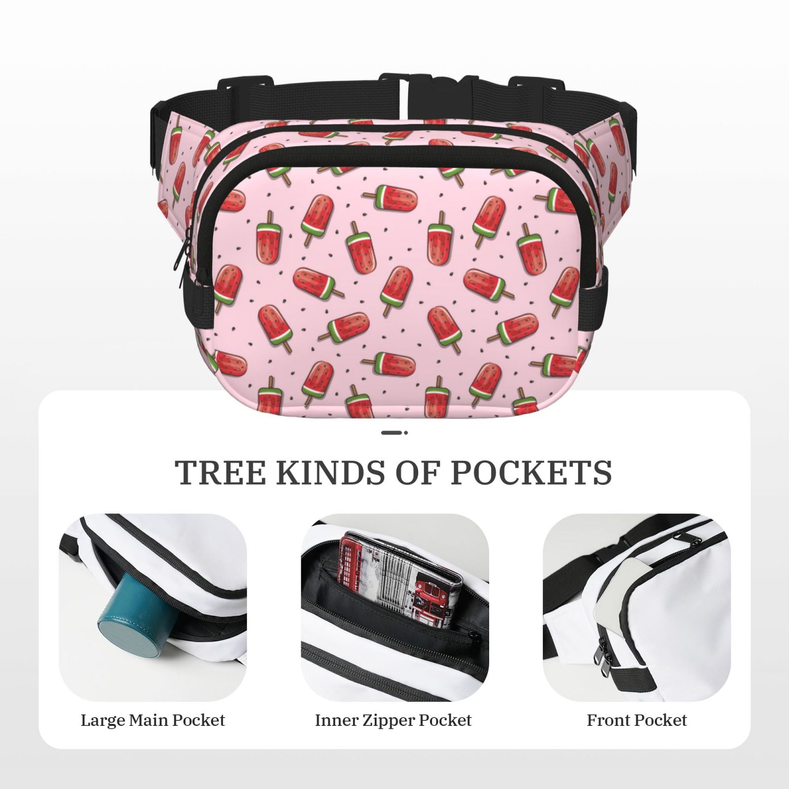 Rateoe Watermelon Ice Cream Print Fanny Pack Belt Bag for Women and Men, Square Double-Layer Waterproof Waist Pack with Adjustable Strap for Hiking, Jogging, Cycling