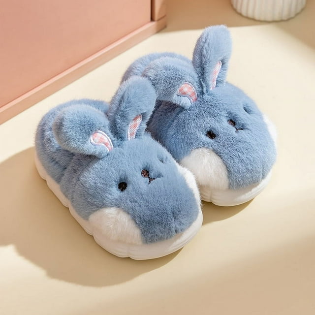 Pantuflas de conejito peludas y cálidas de invierno 220 (azul), zapatos de conejo para niños, lindas y cómodas pantuflas de animales esponjosas, zapatos de algodón para el hogar para niñas con suela g