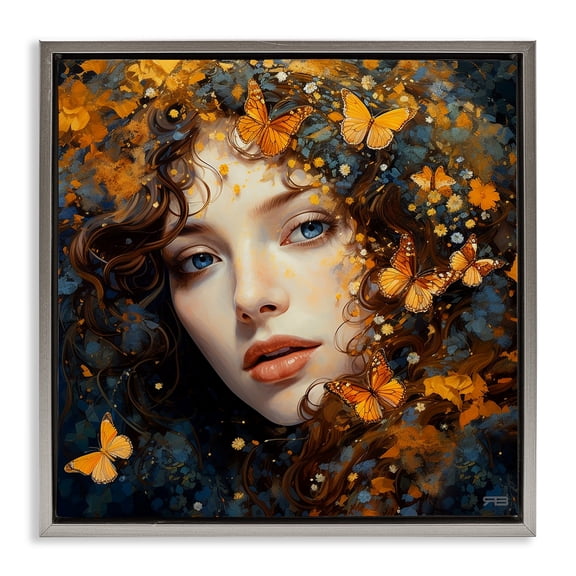 Stupell Industries Art Deco Woman with Monarch Butterflies Gray Floating Frame Canvas Art, 18 x 18, by RB
