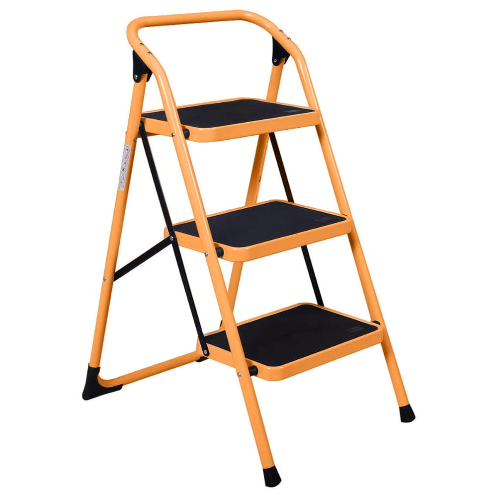 Step Ladder Portable Step Stool with Handgrip Anti-Slip and Wide Pedal Sturdy Steel Ladder Multi-Use for Home US Stock 300lbs Transser Two Step Steel White Garden and Office Shipping From CA.