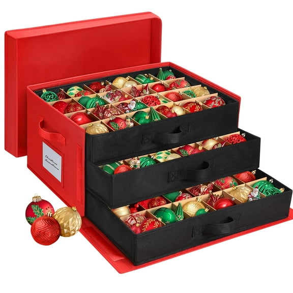 Ayieyill Premium Large Christmas Ornament Storage Box, Christmas Ornament Organizer, with Side Open, 3 Removable Trays - Keeps 72 Holiday Ornaments, Red