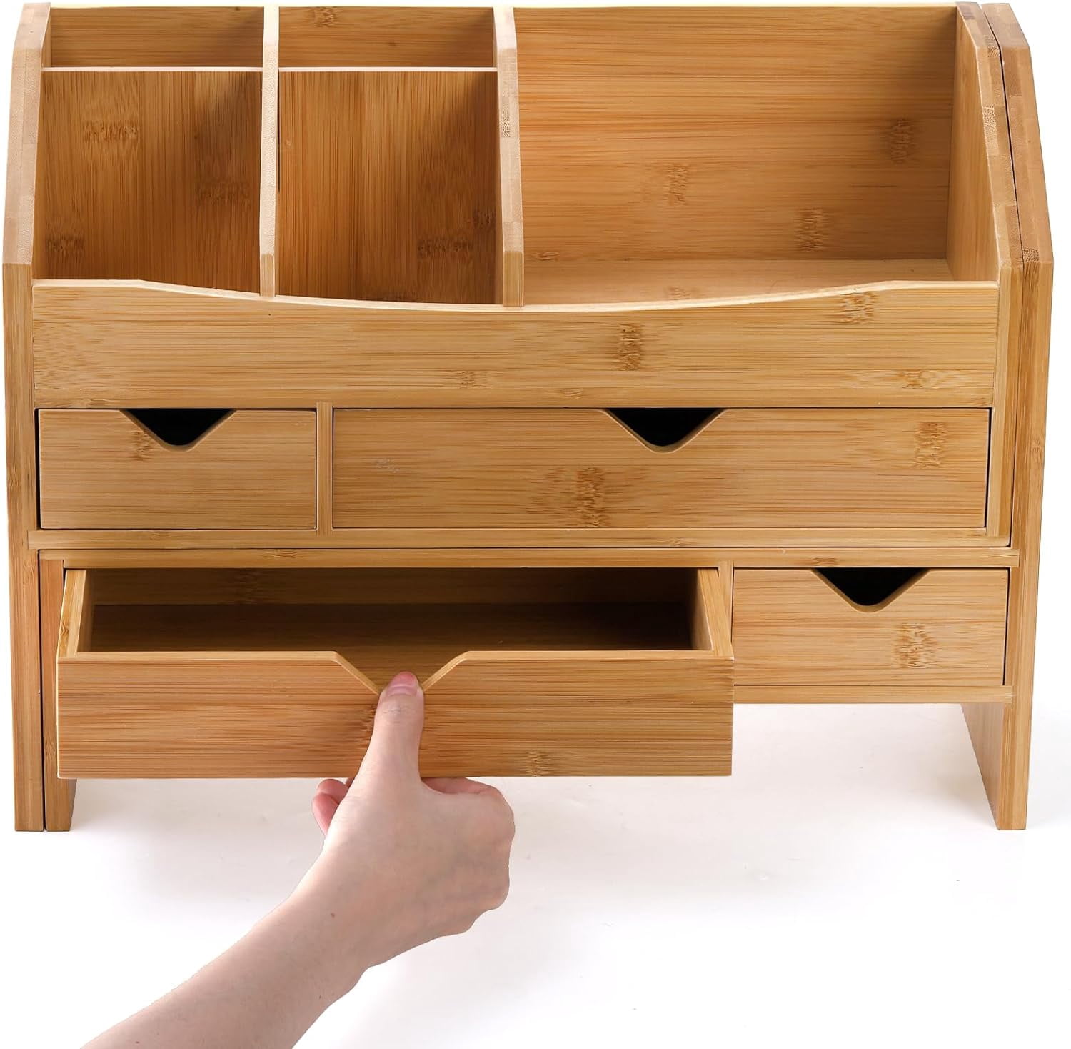 Bamboo Desk Organizer with Adjustable File Holder, Mini Desk Drawer Tabletop Organization Box with 4 Drawers for Makeup, Letter, Pens, Home Office Supplies, Vanity, 3 Layer, Fully Assembled