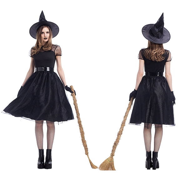 FASHOFT Women's Black Veil Halloween Costumes Elegant Sorceress Night Spirit Cosplay Outfit Theme Party Stage Performance Dress Up Halloween Costume L
