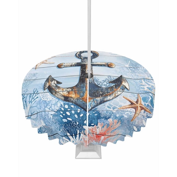 Fsddascl Nautical Anchor Outdoor Tablecloth - 54 Inch Round Dining Table Cover, Blue Coastal Starfish Coral Wooden Grain Waterproof Outdoor Table Cloth with Umbrella Hole & Zipper for Picnic/Patio