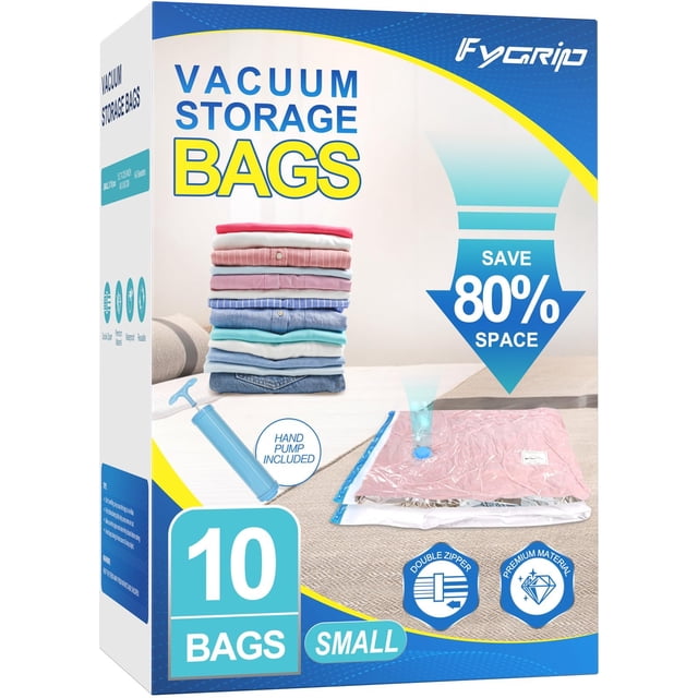 Fygrip Paquete de 10 pequeñas bolsas de almacenamiento al vacío con bomba manual 80% ahorro de espacio bolsas selladas al vacío para ropa bolsas de compresión al vacío para equipaje de viaje mantas ed