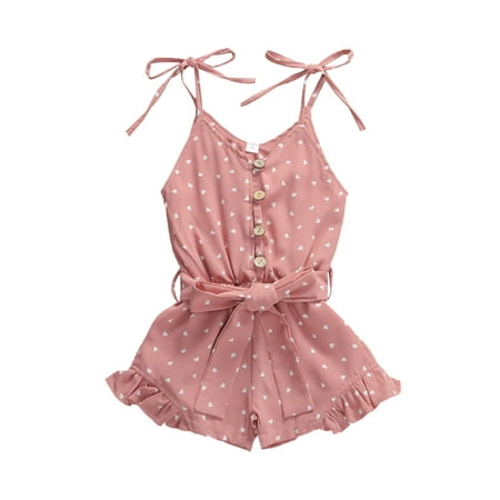 

Gwiyeopda Baby Girl Summer Chiffon Romper Heart Printed Tied Spaghetti Straps Button Open Jumpsuit