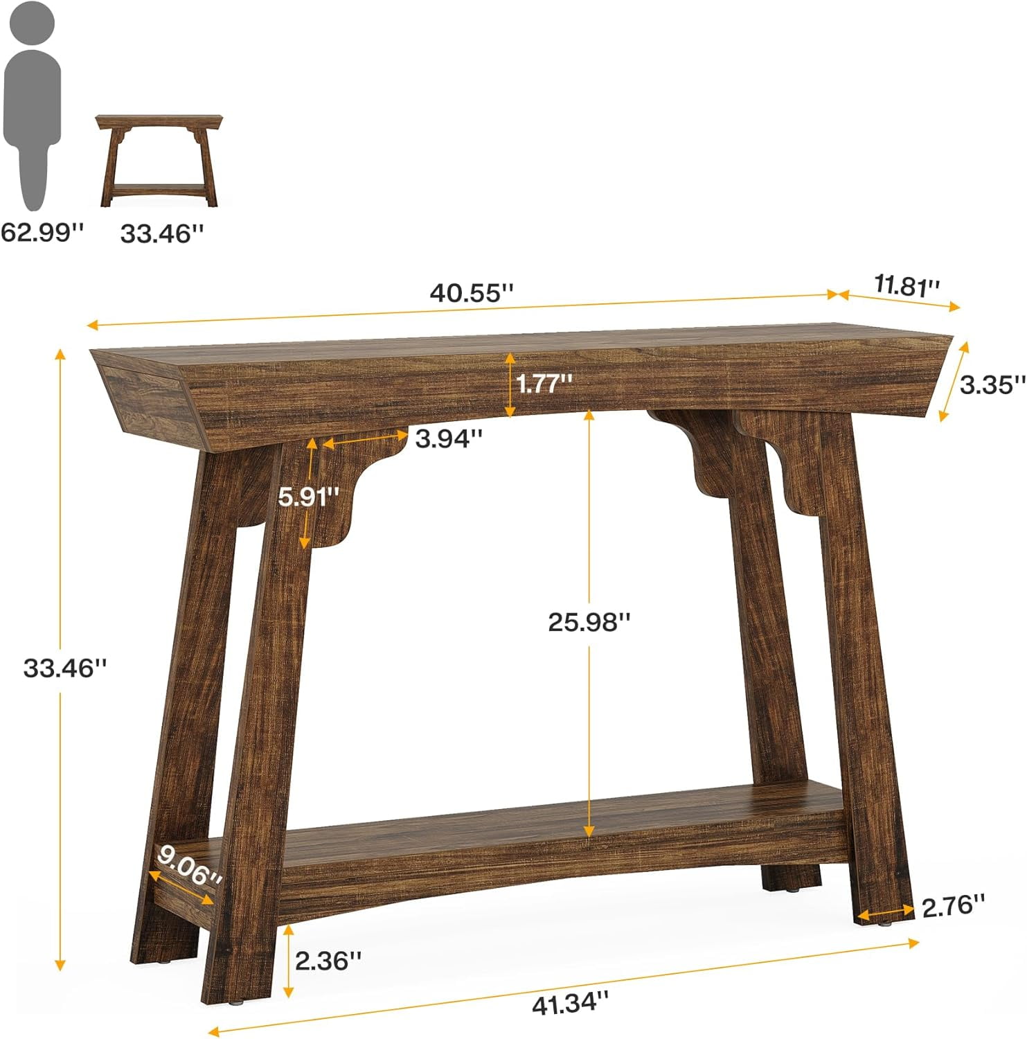 Tribesigns 41.3” Console Table, 2-Tier Narrow Entryway Table with Storage Shelf, Farmhouse Wood Sofa Table for Foyer, Hallway, Living Room, Rustic Brown