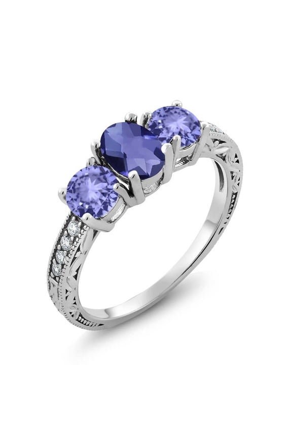 1.69 Ct Oval Checkerboard Blue Iolite Blue Tanzanite 925 Sterling Silver Ring