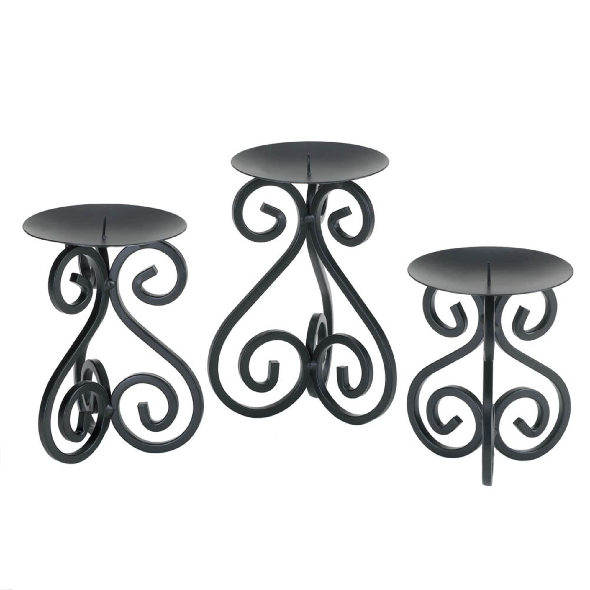 Set of 3 Jet Black Scrollwork Pillar Candle Holders 8.75"