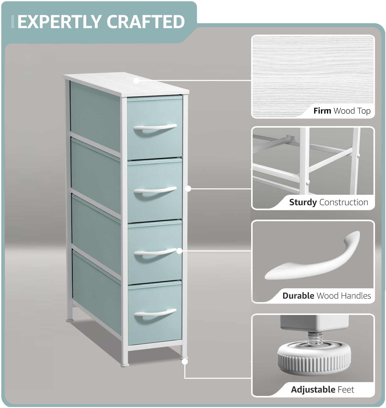 Sorbus Kids 4-Drawer Narrow Dresser, Slim Vertical Storage Chest, Aqua