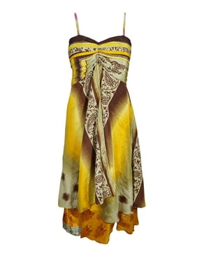 Mogul Women Yellow Vintage Recycled Sari Printed Sundress Layered Spaghetti Strap Beach Summer Dresses S/M