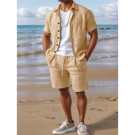 Men's khaki printed short-sleeve shirt and shorts two-piece set, breathable and loose with drawstring, casual outfit for island vacations, beach, everyday outings, summer versatile men's wear