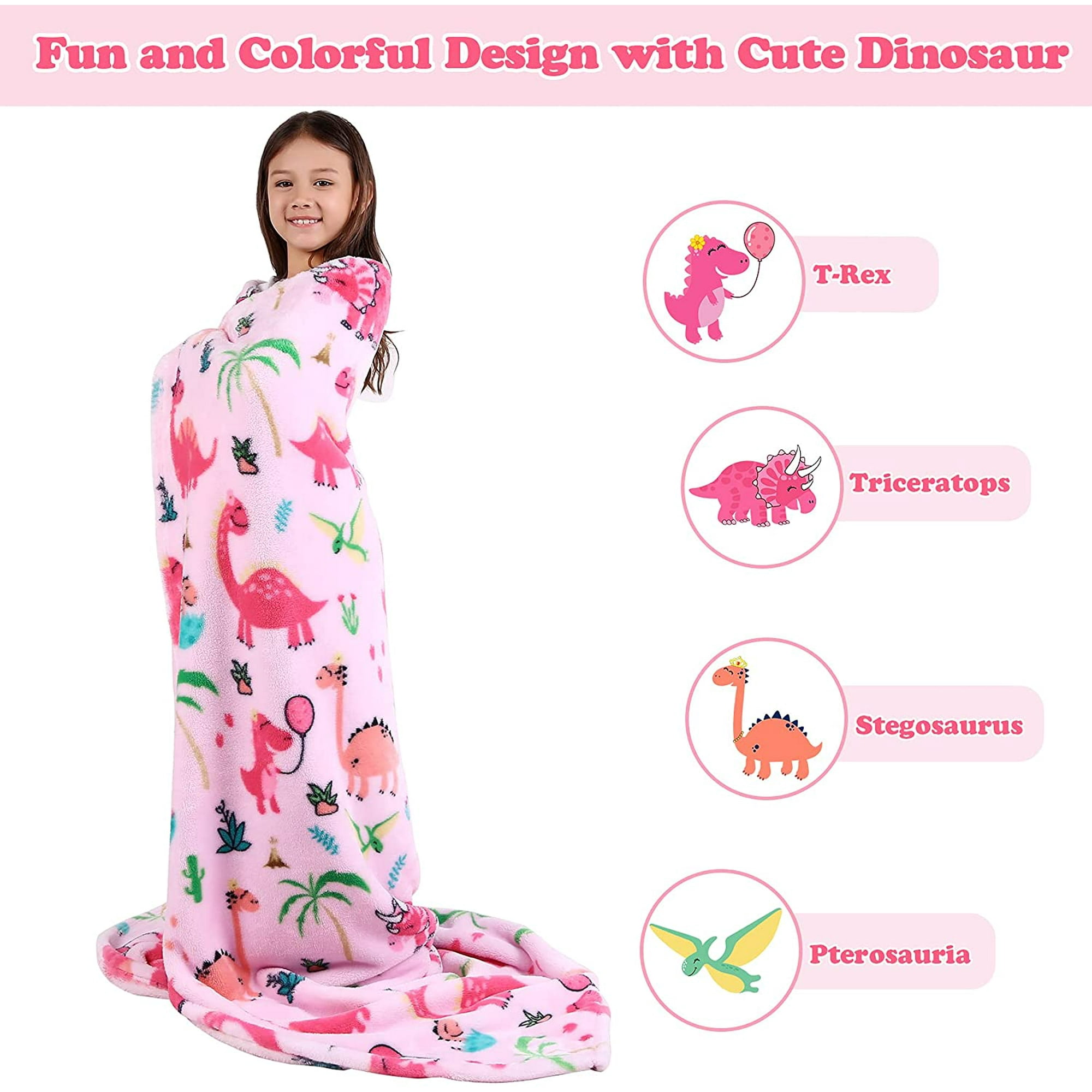 Htooq Dinosaur Blanket For Kids Dinosaur Throw Blanket For Girls Fluffy Cozy Kids Blanket With Vibrant Dinosaurs Pattern On Both Sides Soft And War