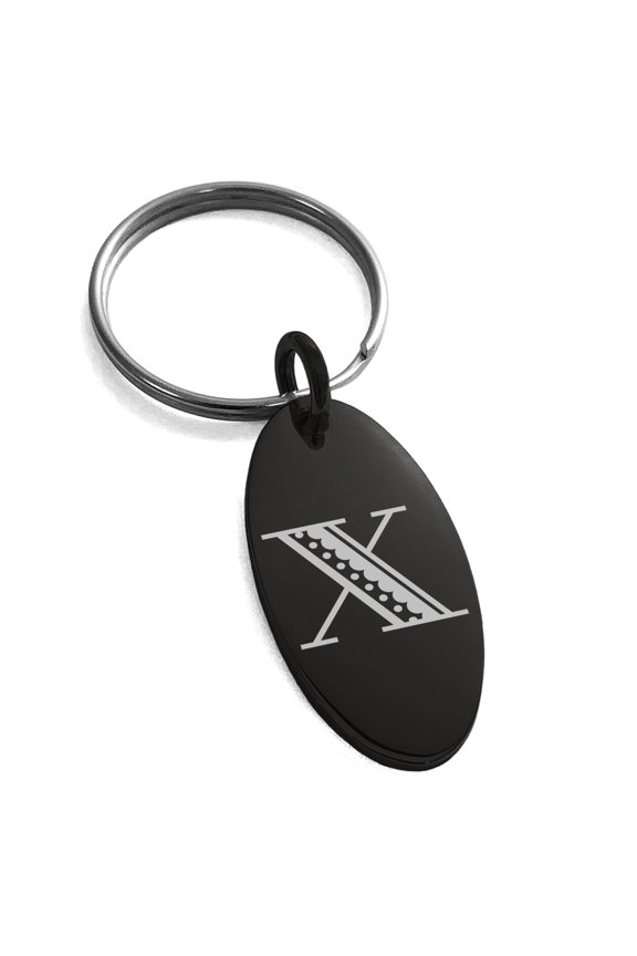 Stainless Steel Letter X Initial Metro Retro Monogram Engraved Small Oval Charm Keychain Keyring