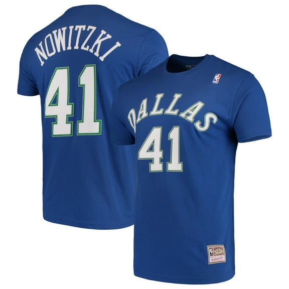 Men's Mitchell & Ness Dirk Nowitzki Blue Dallas Mavericks Hardwood Classics Team Name & Number T-Shirt