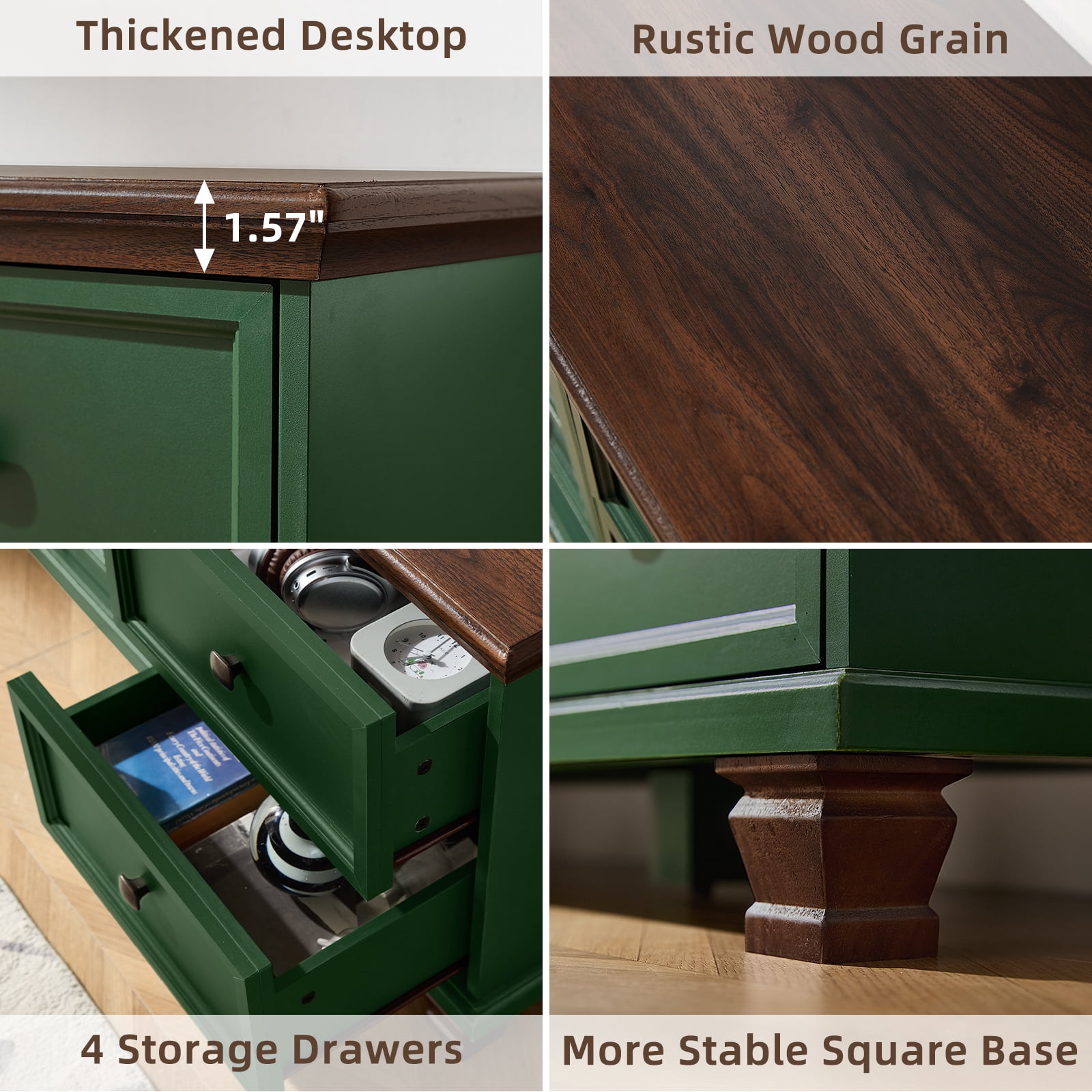 Buildhom Farmhouse TV Stand with Storage, 4-Drawer Rustic Brown Entertainment Center for Living Room, Green