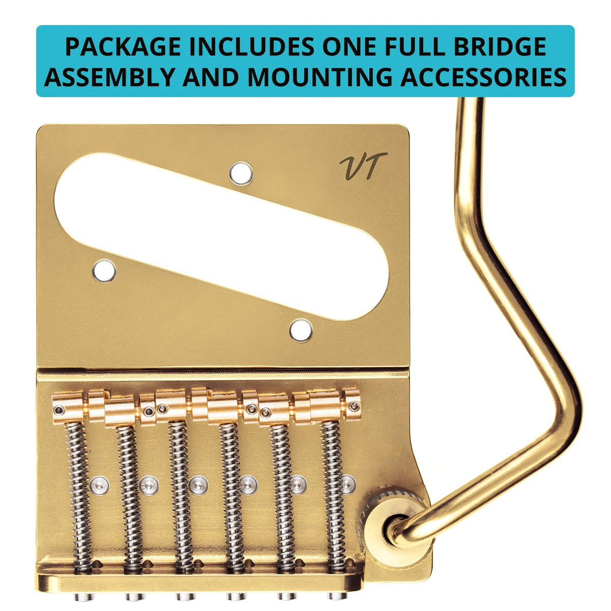 Vega-Trem VT2ND TeleTrem Modern Gold w/out Logo  No-Drill Tremolo for Telecaster-Style Guitars Modern 66 mm Layout, Patented 3-Pair Independent Brass Saddles, Tension-Adjustable