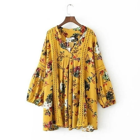 Women Hollow Out Boho Spring Summer Vintage Loose Lace Lantern Sleeve Ruffle Floral V Neckline Tunic