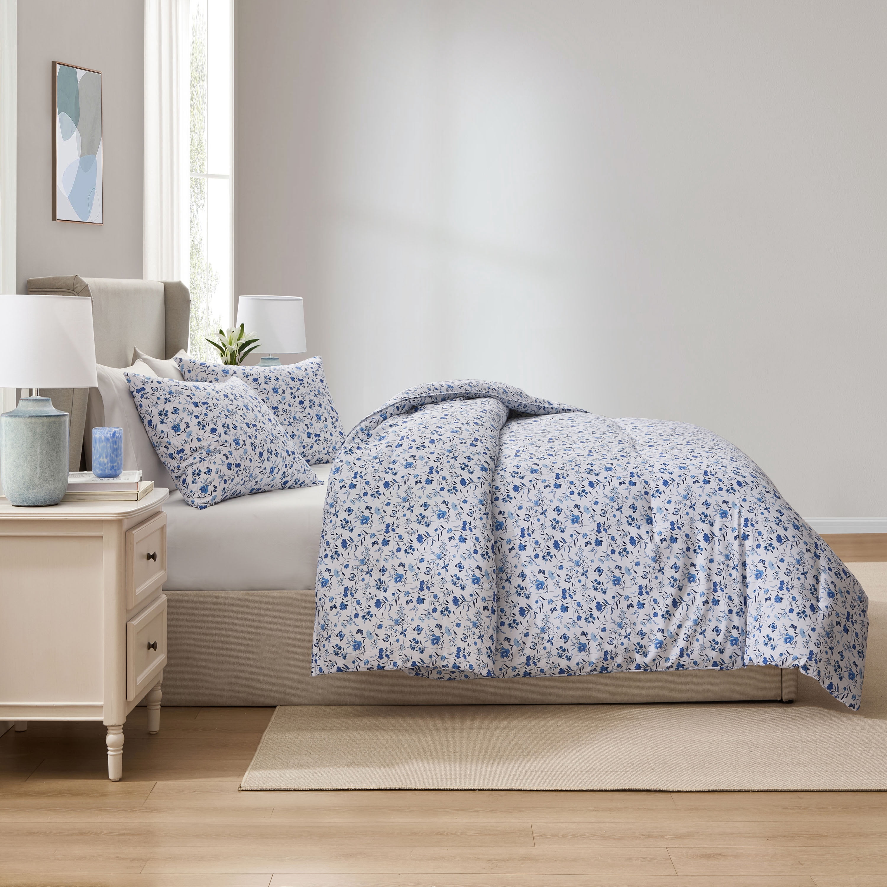 LammaLoe Full Size Comforter Sets, 3 Piece Floral Bedding Comforter Set with Sheets, Bed in a Bag, Blue