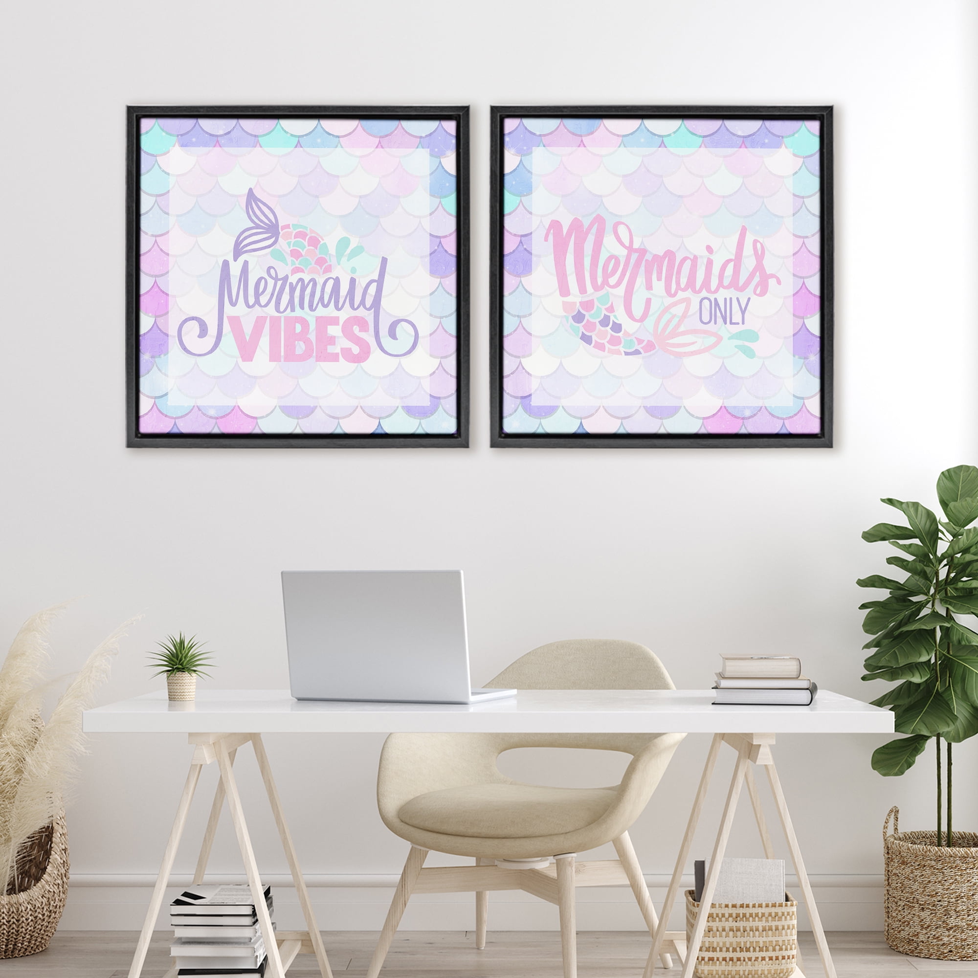 Dreamy Mermaid Phrases with Scales 2 Piece Black Framed Floater Canvas Set, design by Kim Allen