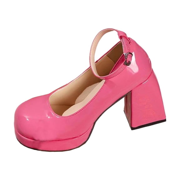 hoksml Women's Patent Leather Platform Block Heel Pumps, Adjustable Ankle Strap, 3.54in Heel Dress Shoes