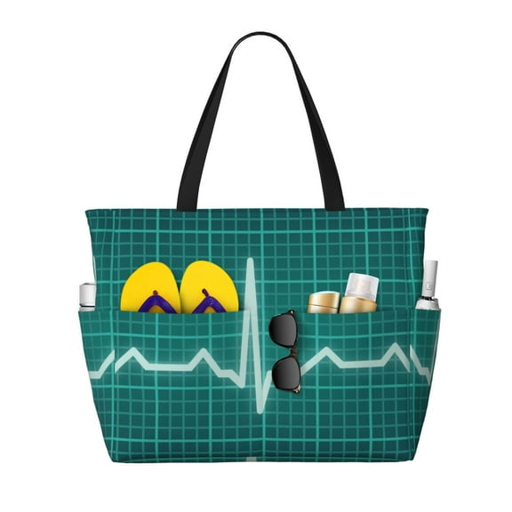 Balery ECG Wave Beach Travel Bag - Water-Resistant, Large Capacity Lightweight Tote with 7 Pockets for Women and Men - Perfect for Beach, Pool, Gym, and Travel