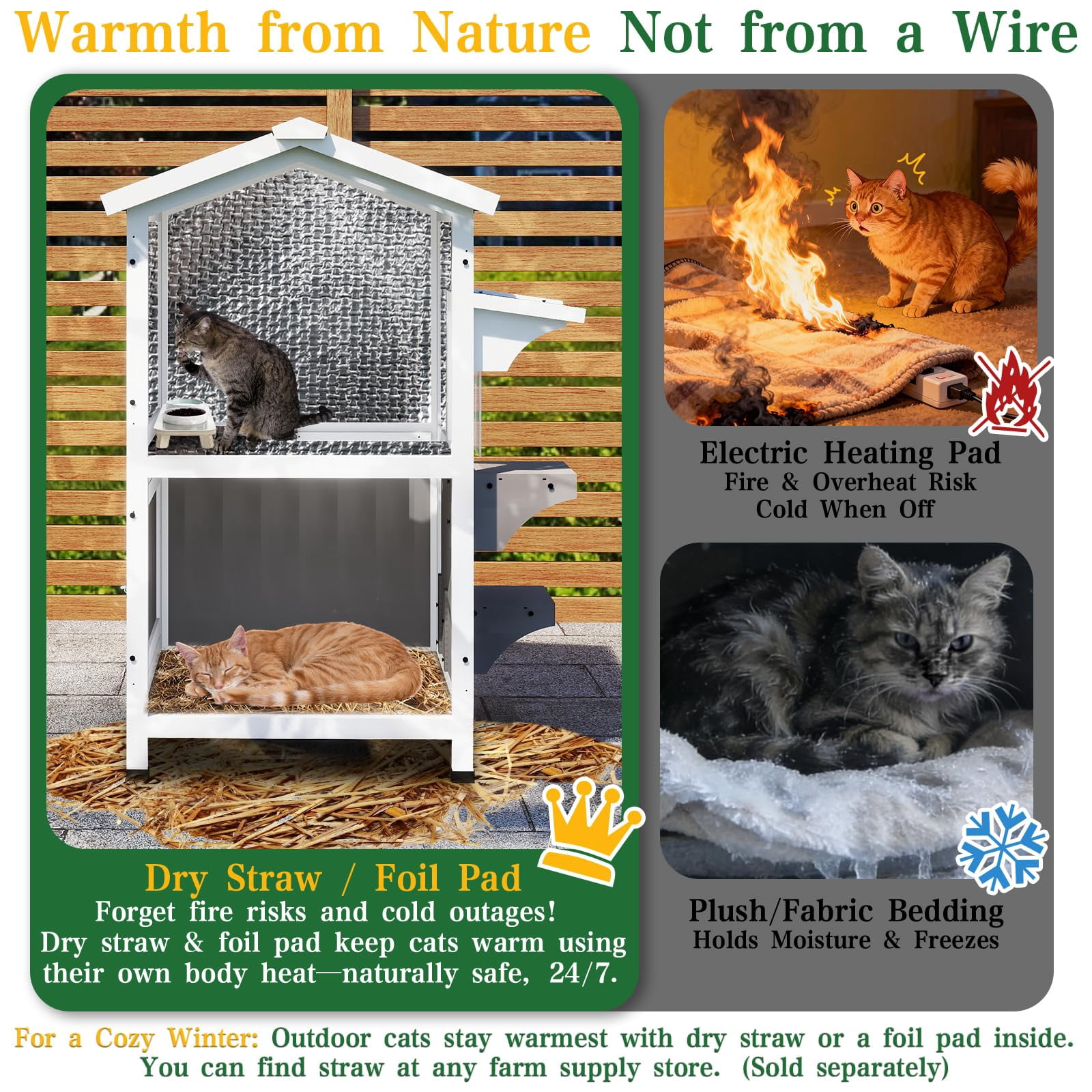 PETSCOSSET Outdoor Cat House, Two-Story Wooden Feral Cat Shelter with Openable Roof, Escape Door