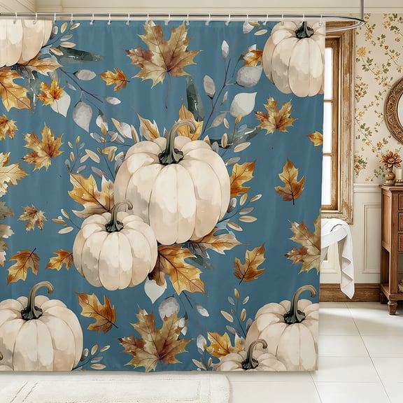 Erosebridal Pumpkin Leaves Shower Curtain 72Wx72L,Fall Harvest Bathroom Curtain,Teal