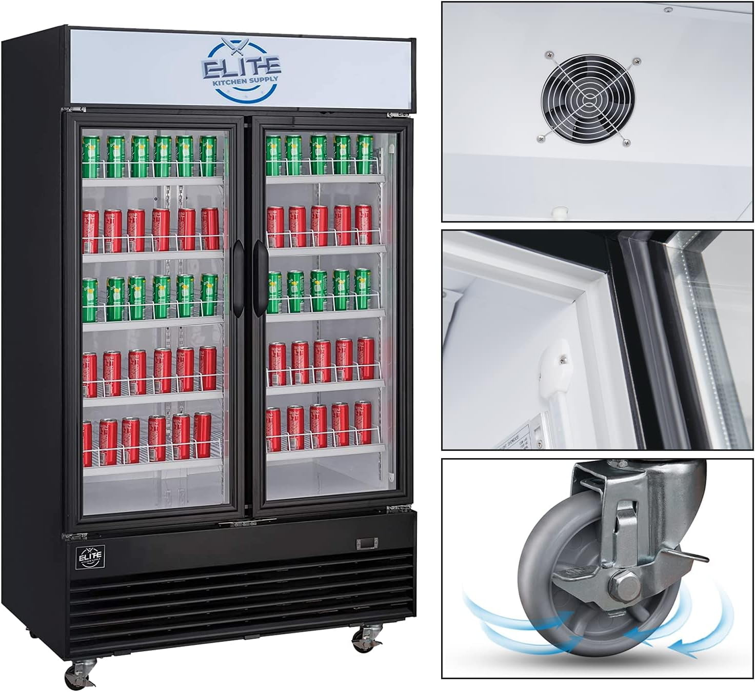 NSF 48 in. 2-Glass Doors Commercial Refrigerator, 35 Cu. Ft. Display Refrigerator, Black