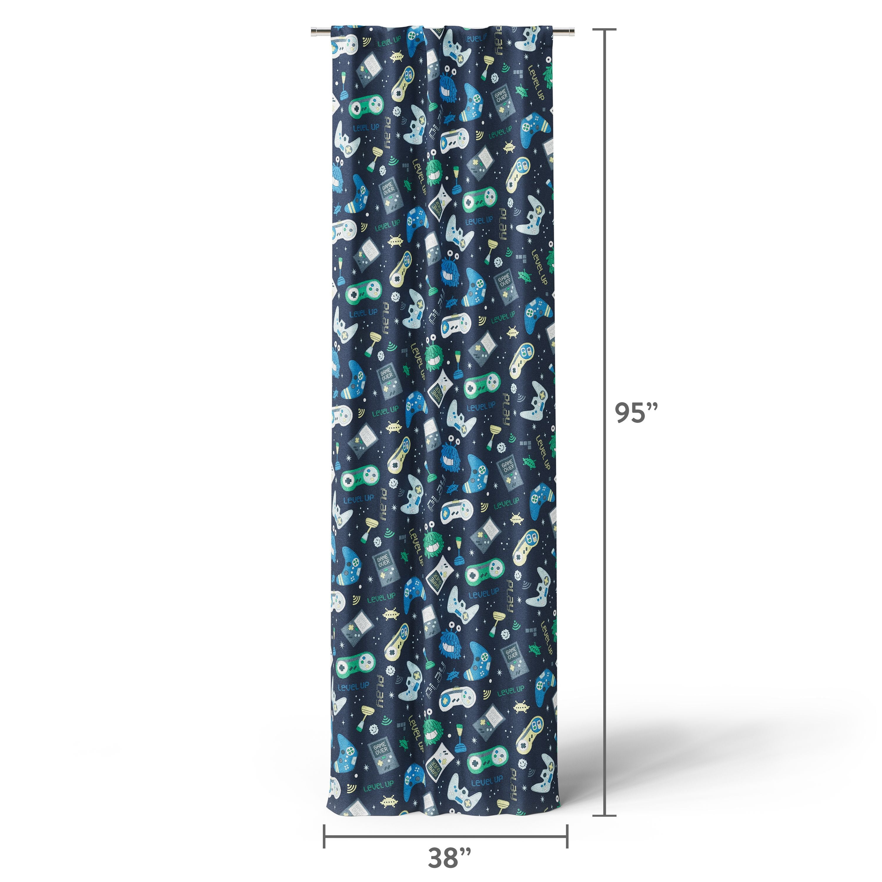 Mainstays Kids Navy Blue Printed Glow in the Dark Blackout Rod Pocket with Back Tabs Single Curtain Panel, Gamer Print, 38" W x 95" L