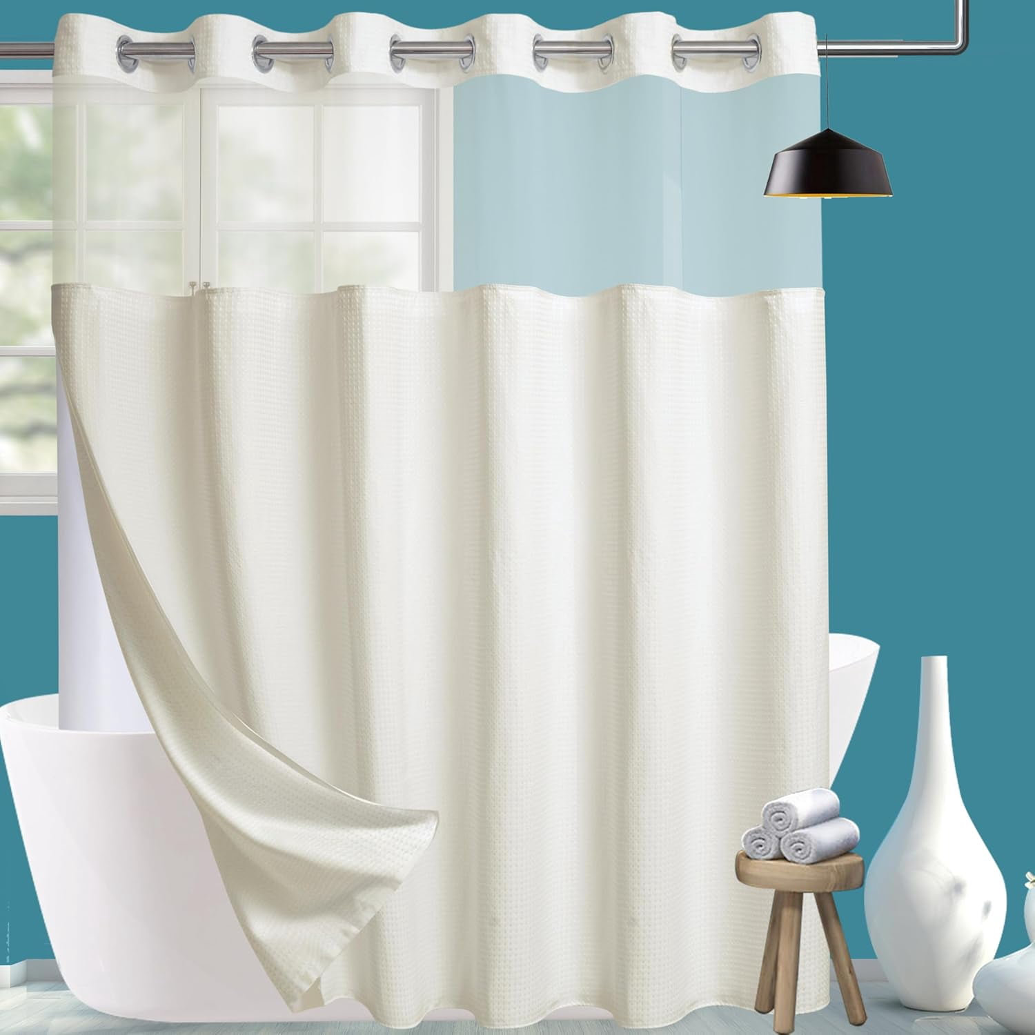 MEKOTRIN Rideau de douche à tissage gaufré avec doublure à clipser – Rideau de douche en tissu imperméable – 188 x 180 cm – Noir gaufré élégant – Texture idéale pour salle