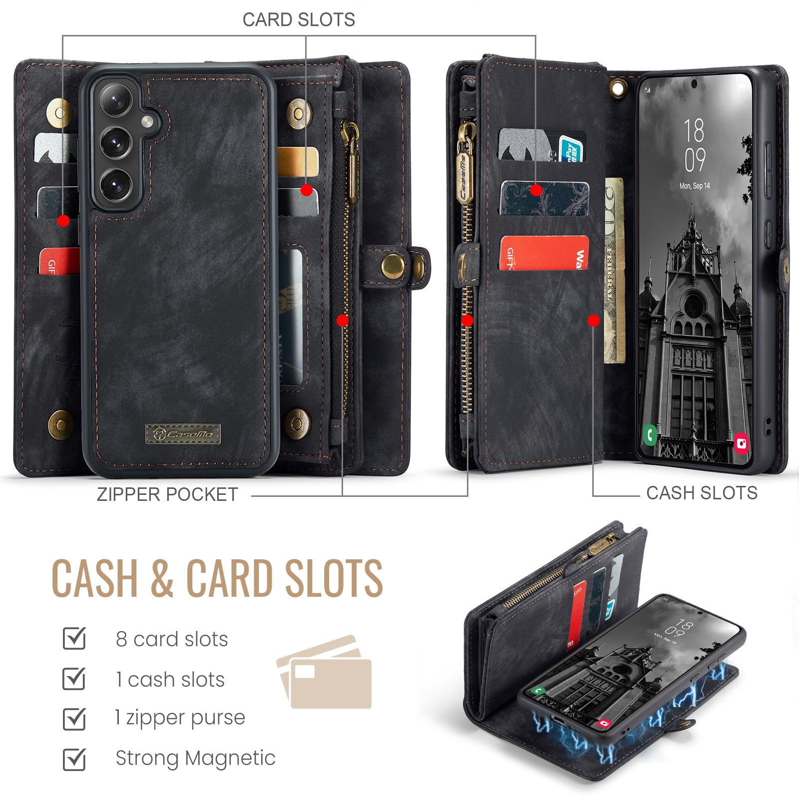 Dteck 2 in 1 Detachable for Samsung Galaxy A16 5G Wallet Case with Card Holder, Shockproof Retro Premium Flip Leather Cover Magnetic Zipper Pocket Phone Cases, Black