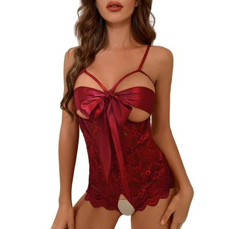 Fadeal Crotchless Bodysuit Women s Fashion 1 Piece Lace Body Suit Role Play Outfit Women s Lace Crotchless Bodysuit Lace Open Bodysuit Red2 2XL