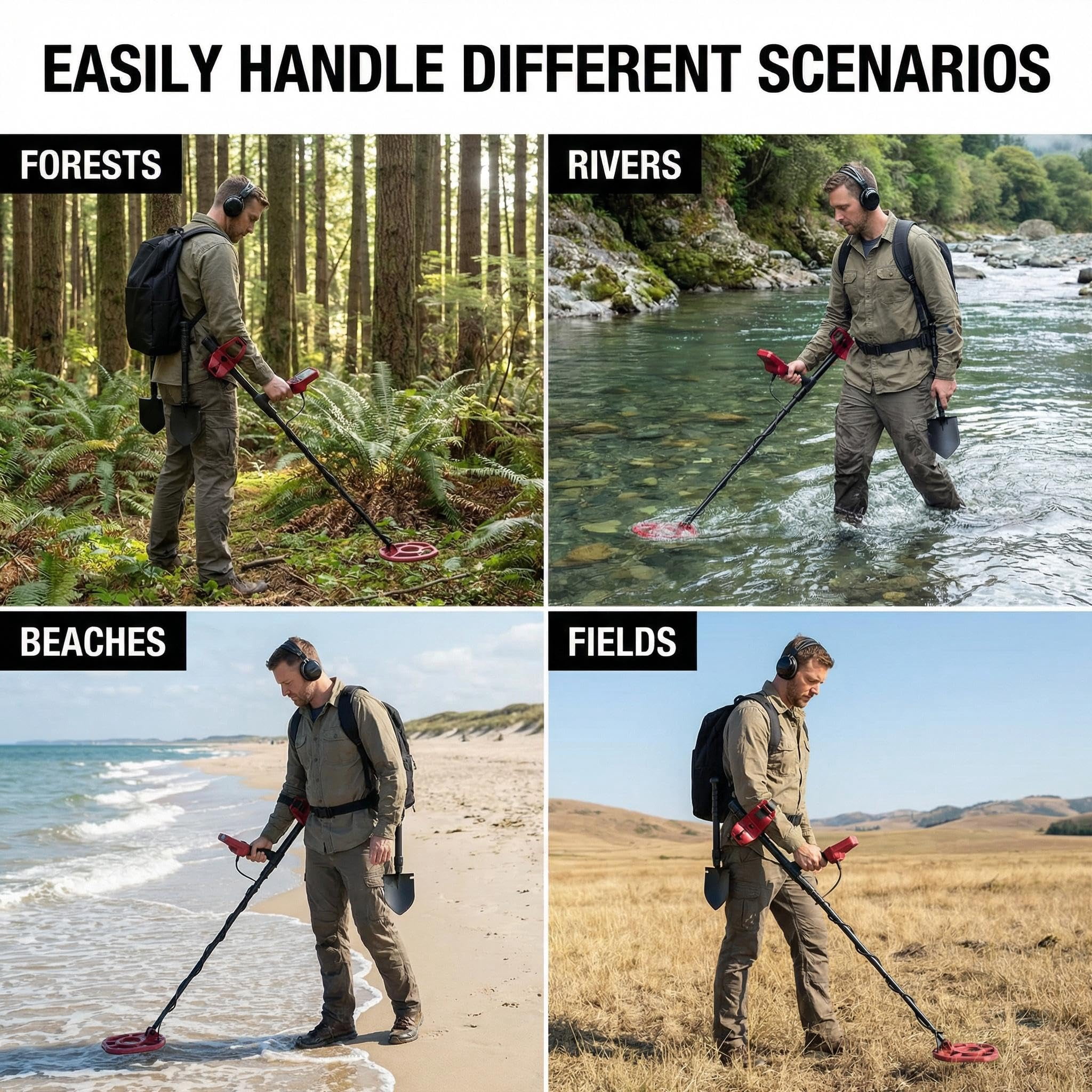 Towallmark Professional Metal Detector for Adults & Beginners, 4 Modes, 10" Waterproof Coil, LCD Display with Pinpoint, Lightweight for Gold, Coins, Jewelry Hunting, Red