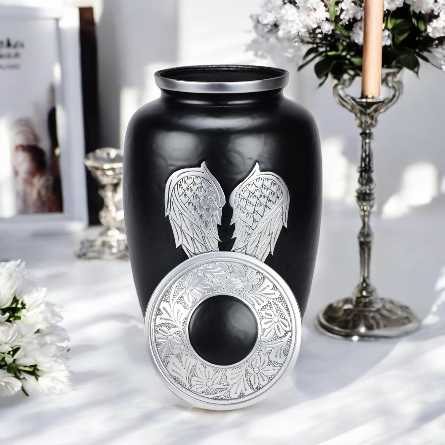 CRAFT INDIA Large Black Angel Wings Cremation Urn for Adult Human Ashes with Velvet Bag