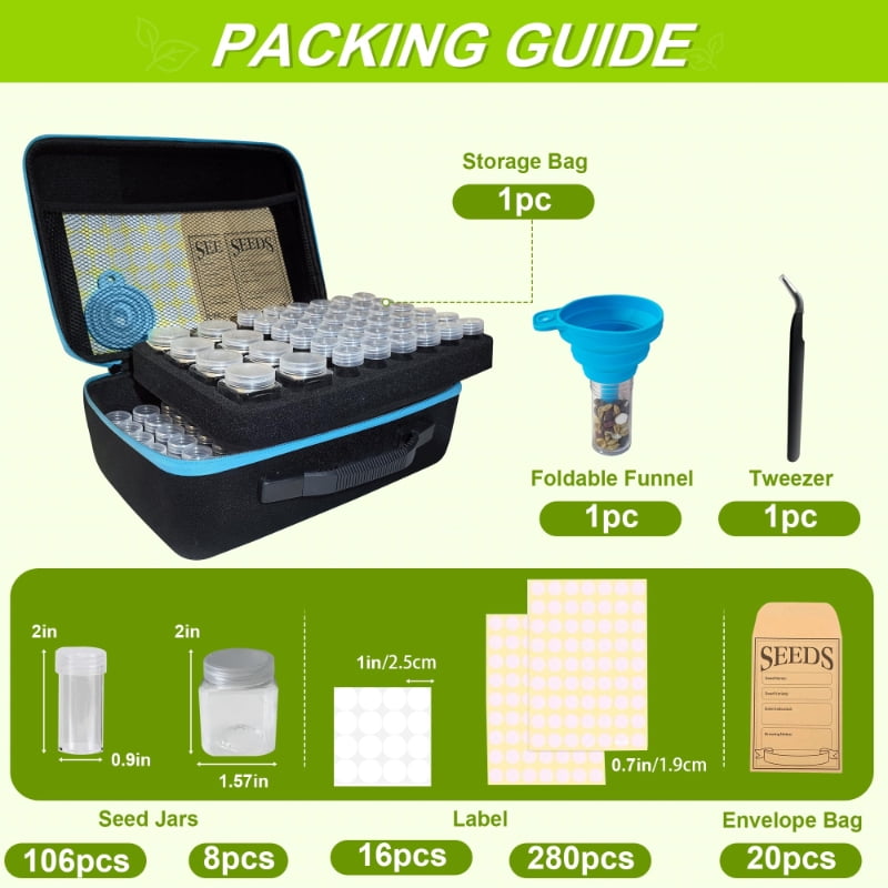 114-Slots Seed Storage Box with 20 Seed Envelopes, Portable Zipper Bag & Complete Accessories Including Labels, Tweezers and Funnel – Seed Organizer for  Vegetables and Flowers. Seeds not included.