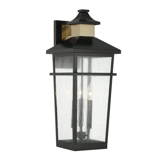 Matte Blackith Warm Brass Three Light Outdoor Wall Lantern from the Kingsley Collection