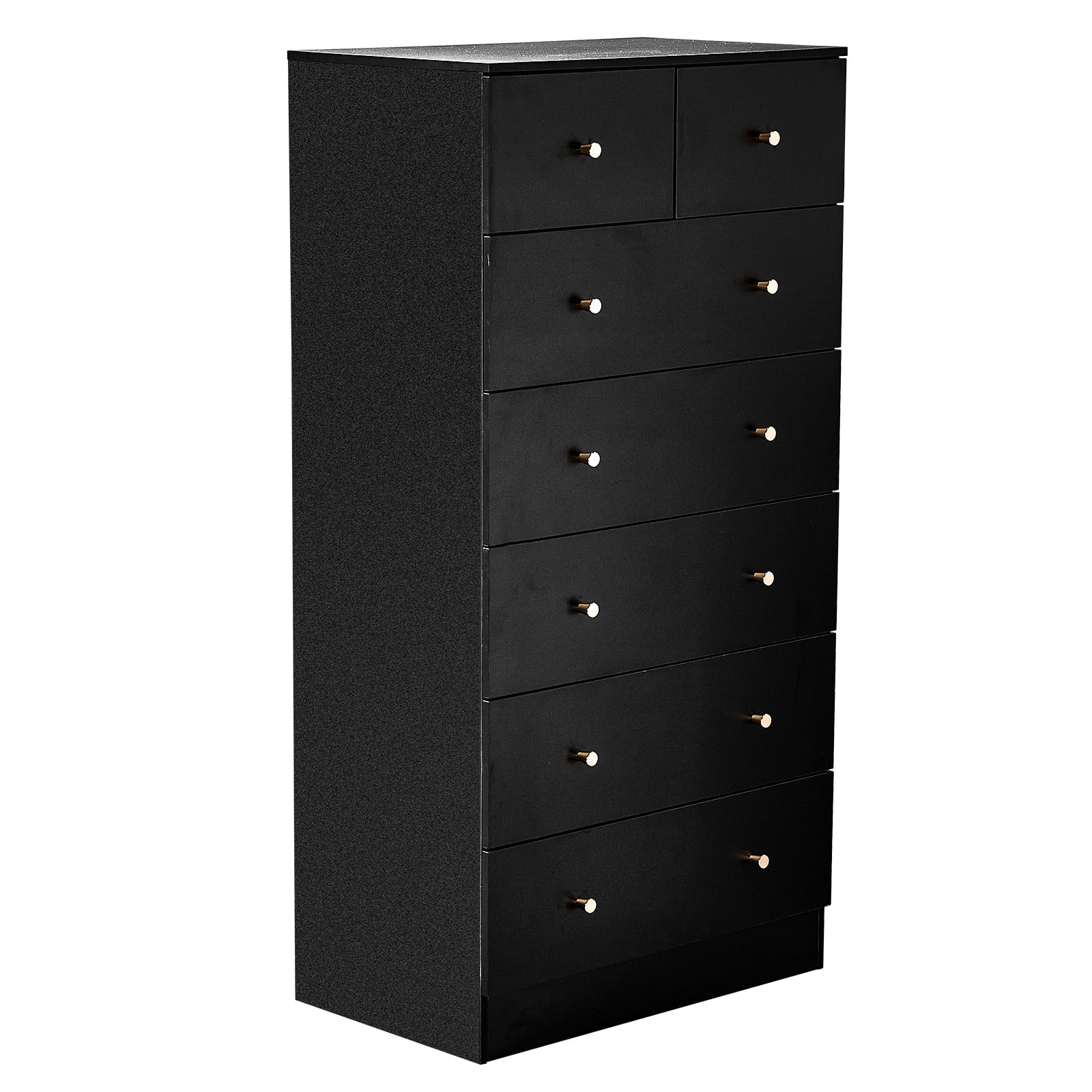 Black 7 Drawer Cabinet, Matte Gold Handles Textured Linen-Laminate Particle Board Cabinet, Tall Space-Saving Storage Organizer for Home Office Bedroom Living Area