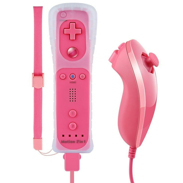 Manette Wii Motion Plus Manette Nintendo Wii et Nunchuk Motion 2 en 1 Télécommande Motion Plus Intégrée pour Nintendo Wii et Console Wii U avec Couvercle en Silicone - Rose