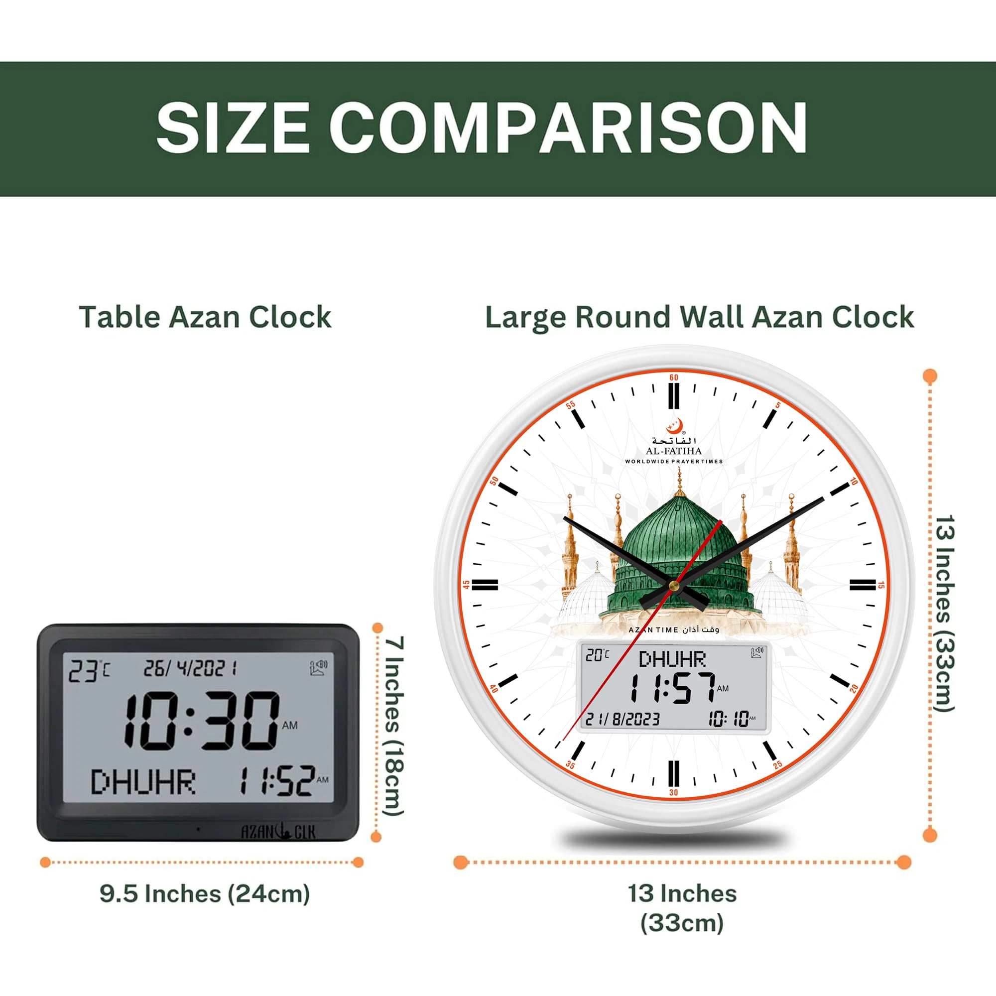 Azan Clock Large Round Wall Automatic Madina Muslim Azan Clock