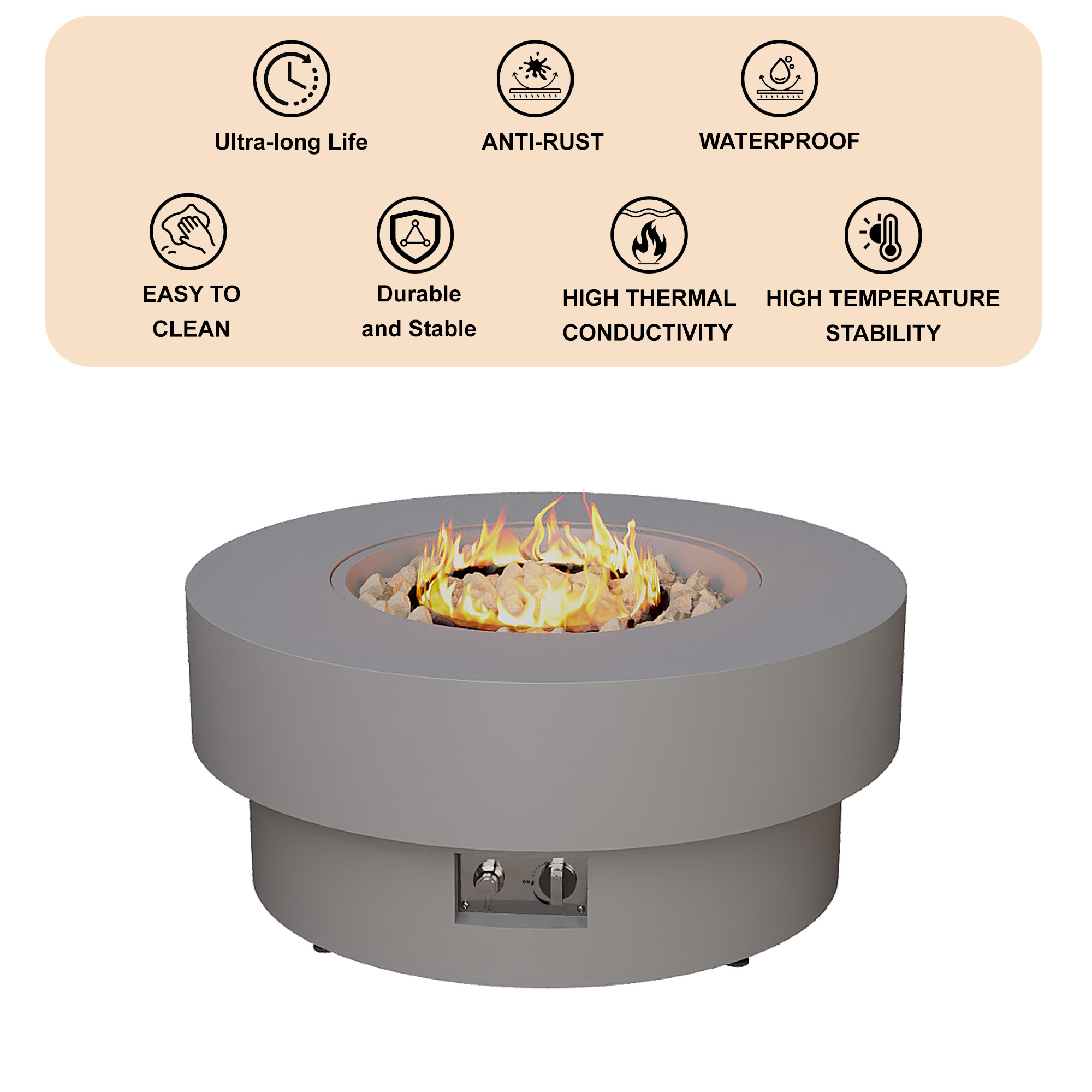 HongTaoK 32.5" Round Propane Free Fire Pit, 50K BTU Magnesium Oxide Outdoor Heater with Lava Rock, Gray